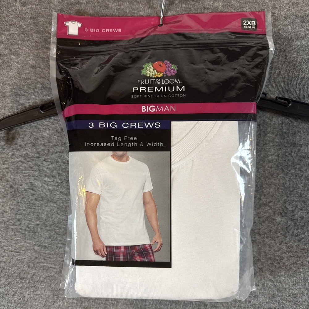 Fruit Of the Loom Undershirts T-Shirt 3-pk Big Man Crew Neck 2XB White NEW